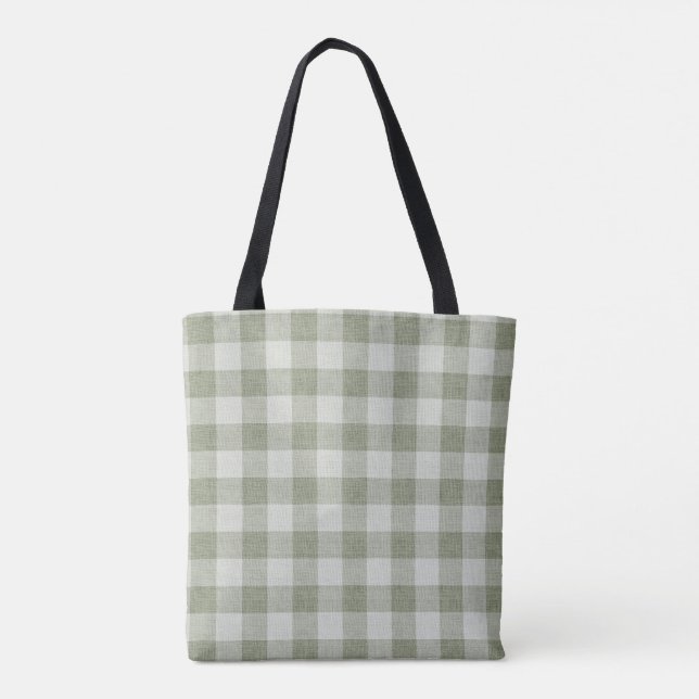 Salvia Grön Gingham Buffalo Rutig Linne Struktur Tygkasse (Baksida)