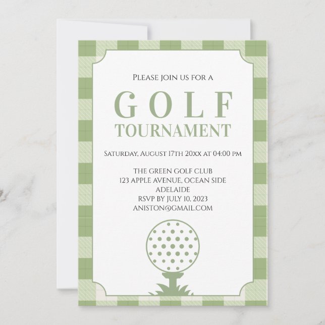 Salvia Grön Gingham Golfturnering Inbjudningar (Framsida)