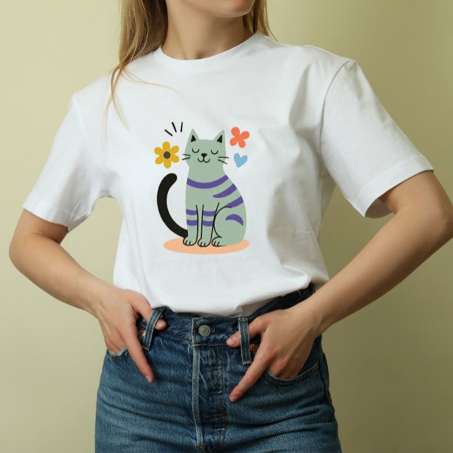 Salvia Grön Katt Boho Blommig Mid Century Konst T Shirt (Sage Green Cat Boho Floral Mid Century Art )