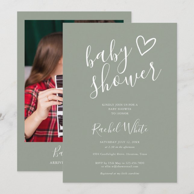 Salvia Grön Könsneutral Baby Shower Foto Inbjudningar (Fram/baksida)