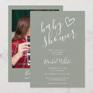 Salvia Grön Könsneutral Baby Shower Foto Inbjudningar