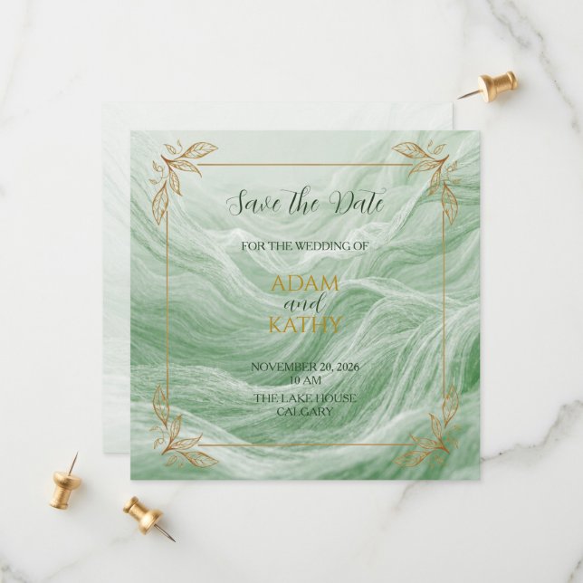 Salvia Grön Marmor & Guld Spara Datum Kort (Fram/Back In Situ)