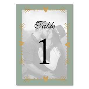 Salvia Grön Modern Foto Guld Hjärtan Bordsnummer