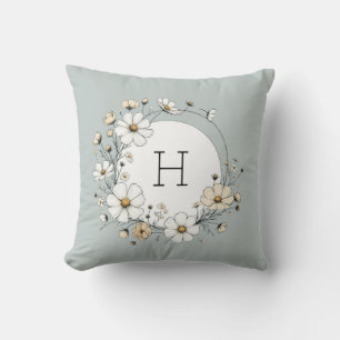 Salvia Grön Monogram Boho Blommor Personlig Kudde