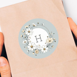 Salvia Grön Monogram Boho Blommor Personliggjord Runt Klistermärke
