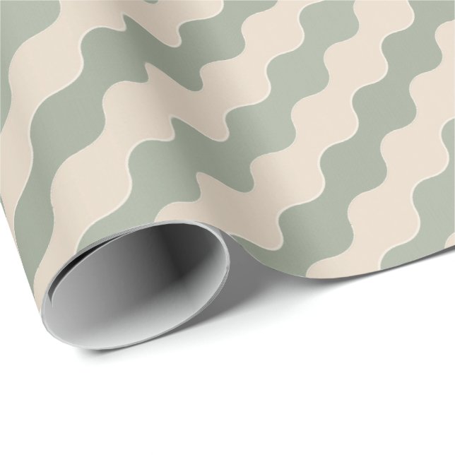 Salvia Grön och Kräm Flytande Våg Lyxig Geometrisk Presentpapper (Rullad Hörn)