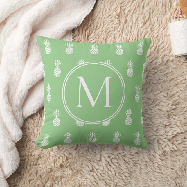 Salvia Grön och Vit Ananas Monogram Kudde (Filt)