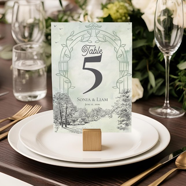 Salvia Grön Trädgårdsbåge Bröllops Bord Nummer Tack Kort (Sage Green Garden Arch Wedding Table Number | Elegant Botanical Table Decor)