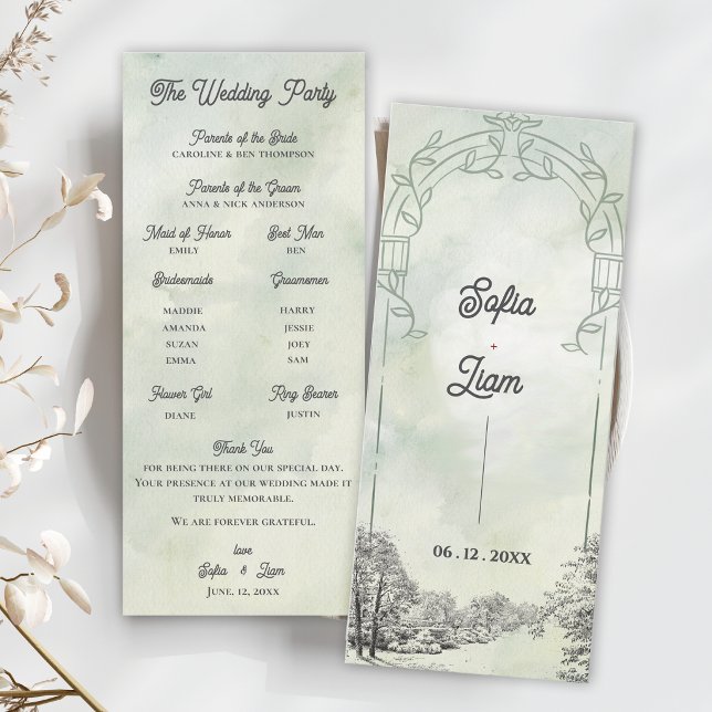 Salvia Grön Trädgårdsbåge Bröllopsceremoni Program (Sage Green Garden Arch Wedding Program | Elegant Botanical Ceremony Card)