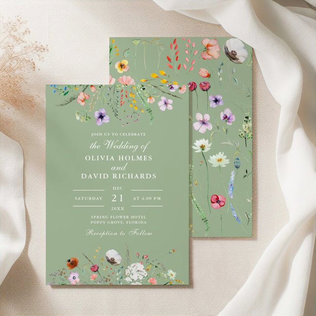 Salvia Grön Vildblomma Bröllopsinbjudan Inbjudningar (Sage Green Wildflower Wedding Invitation on a silk tablecloth with botanicals)