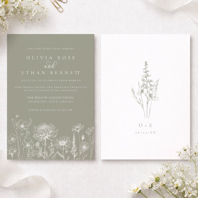 Salvia Grön Vildblomma Linje Konst Bröllop Inbjudningar (Sage Green Wedding Invite Front & Back)