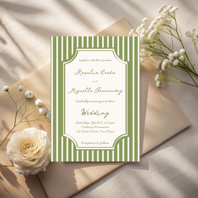 Salvia grön vintage randig bröllop inbjudningar (Sage green vintage stripes hand writing wedding invitation cards template elegant retro wedding card)