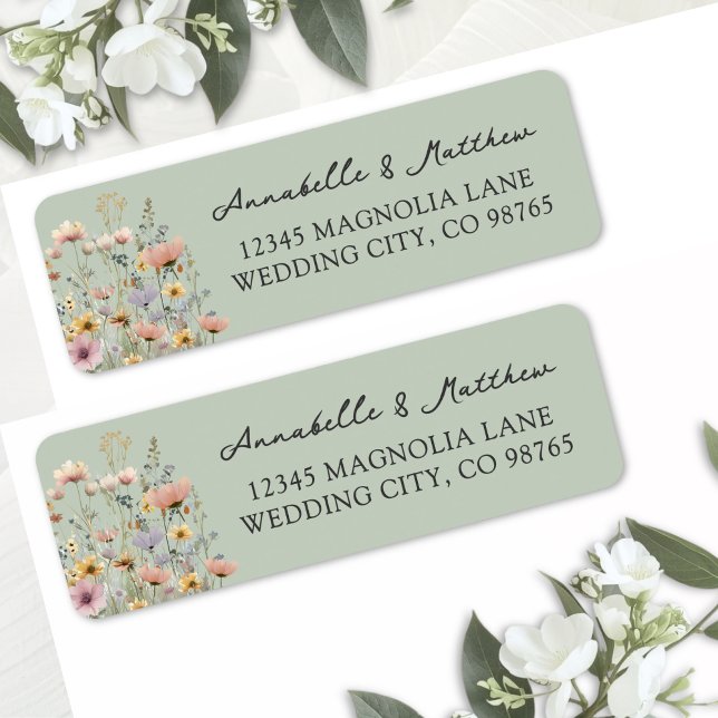 Salvia Gröna Vildblomma Blommig Returadress Etikett (Sage Green Wildflower Floral Return Address Label)