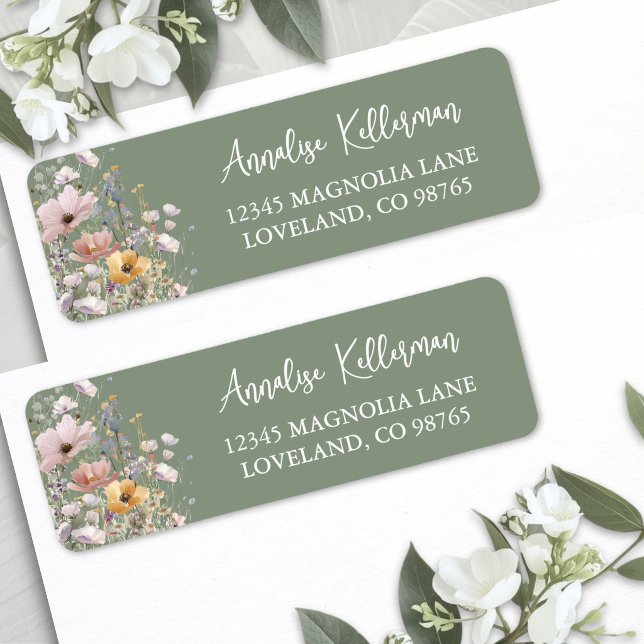 Salvia Gröna Vildblomma Blommig Returadress Etikett (Sage Green Wildflower Floral Return Address Label )