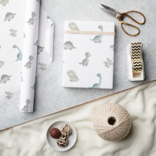Salvia och grått akvarelldinosauriepresentinslag presentpapper (Hantverk)
