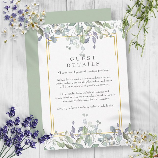 Salvia och Syren Blommig Gästinformation Detaljer Tilläggskort (Sage and Lilac Floral Guest Information Details Enclosure Card)