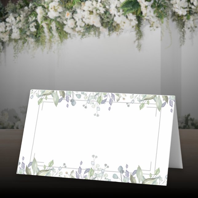 Salvia Och Syren Blommig Silver Geometrisk Bröllop Placeringskort (Sage And Lilac Floral Silver Geometric Wedding Place Card)