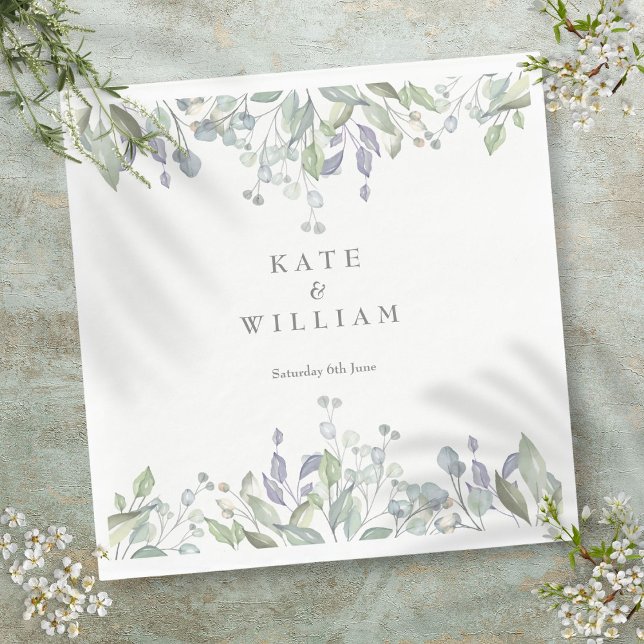 Salvia och Syren Vattenfärg Grönska Blommig Bröllo Pappersservett (Sage and Lilac Watercolor Greenery Floral Wedding Napkins)
