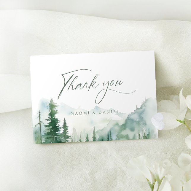 Salvia Watercolor Berg Skog Rustik Bröllop Tack Kort (Sage Watercolor Mountain Forest Rustic Wedding Thank You Card)