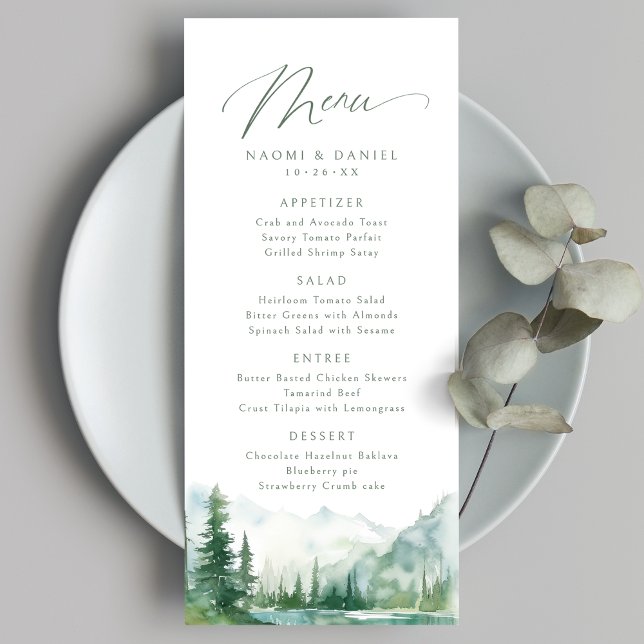 Salvia Watercolor Bergsskog Rustikt Bröllop Meny (Sage Watercolor Mountain Forest Rustic Wedding Menu)