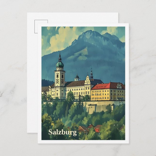Salzburg Austria Artistic Travel Illustration Vykort (Fram/baksida)