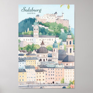Salzburg Austria Gouache Paint Illustration Travel Poster