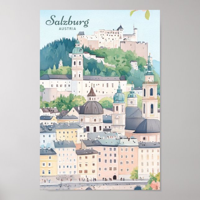 Salzburg Austria Gouache Paint Illustration Travel Poster (Framsidan)