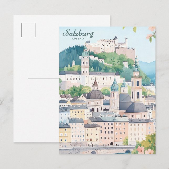 Salzburg Austria Gouache Paint Illustration Travel Vykort (Fram/baksida)