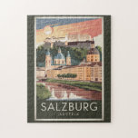 Salzburg Austria Illustration Travel Art Vintage Pussel<br><div class="desc">Salzburgs retro-vektorfärgsutformning. Salzburg är en österrikisk stad gräns i Tyskland,  med synpunkter från de Östra Alpernorna. Staden är uppdelad i Salzachfloden,  med medeltida och baroque byggnad från fotgängaren Altstadt (Gamla staden) på den lämnat banken,  som står inför 1800-talets Neustadt (New City) på dess höger.</div>