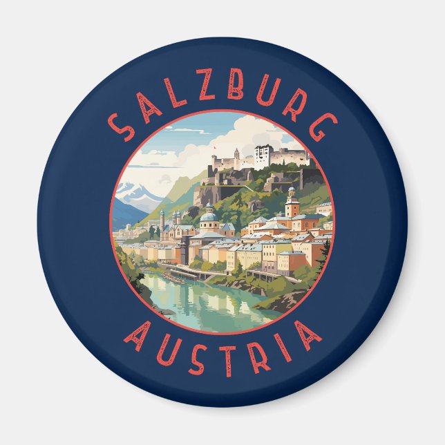 Salzburg Austria Retro Distress Circle Magnet (Framsidan)