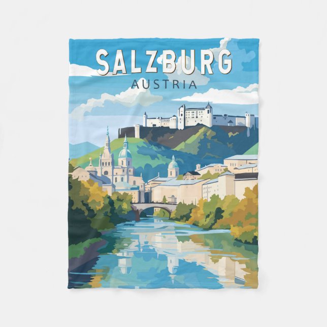 Salzburg Austria Travel Art Vintage Fleecefilt (Framsidan)