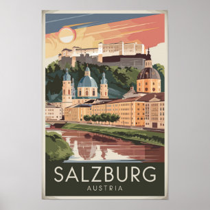 Salzburg Österrike Illustration Resa Konst Vintage Poster