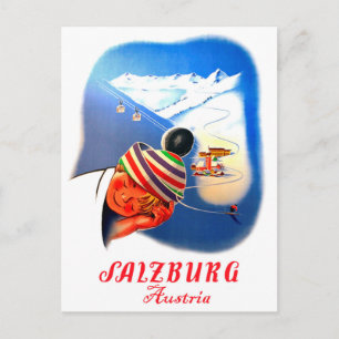 Salzburg, Österrike. Pojken drömmer om att åka ski Vykort