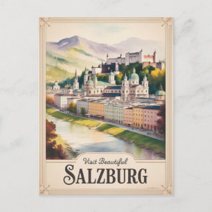 Salzburg Österrike Resa Akvarell Målning Vykort