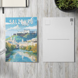 Salzburg Österrike Resa Konst Vintage Vykort<br><div class="desc">Salzburg retro vektor rese design. Salzburg är en österrikisk stad på gränsen till Tyskland,  med utsikt över östra Alperna. Staden delas av floden Salzach,  med medeltida och barocka byggnader i den gågatan Altstadt (Gamla Stan) på dess vänstra strand,  mot 1800-talets Neustadt (Nya Staden) på dess högra.</div>