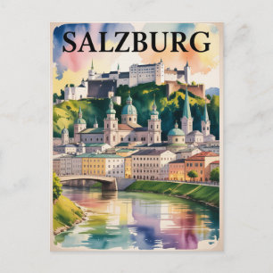Salzburg Österrike Slott Akvarell Målning Vykort