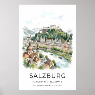 Salzburg Stadsscape Tryck - Akvarell Skyline med
