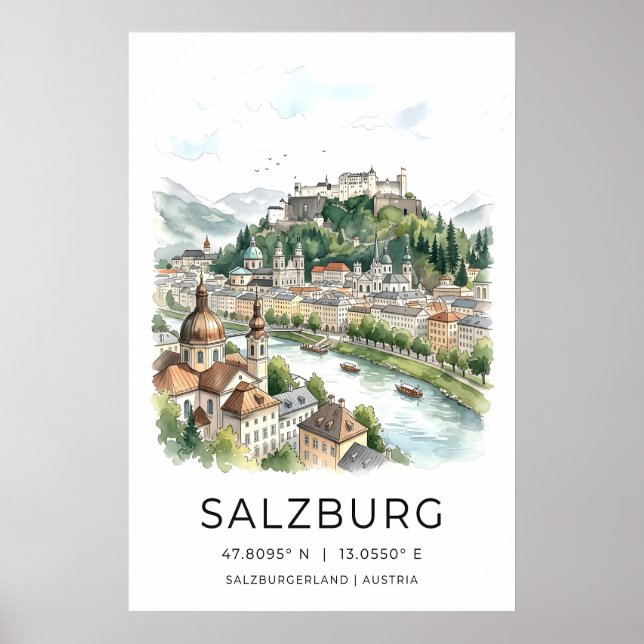 Salzburg Stadsscape Tryck - Akvarell Skyline med (Framsidan)