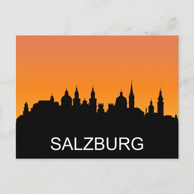 Salzburgs silhuett, sommarsolnedgång illustration vykort (Framsida)