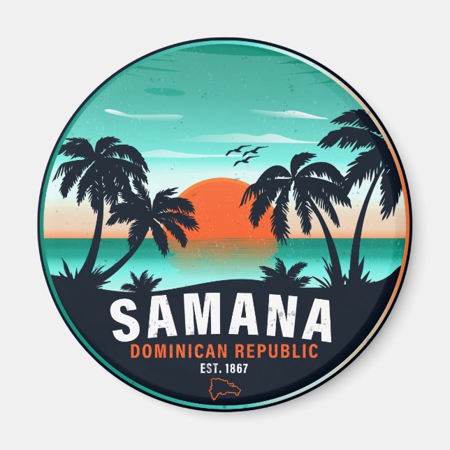 Samaná Beach Dominican Retro Sunset Souvenir 60 s Magnet (Framsidan)