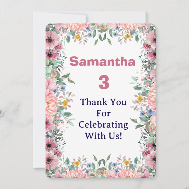 Samantha Floral Thank You Card, 3rd Birthday  Tack Kort (Framsida)