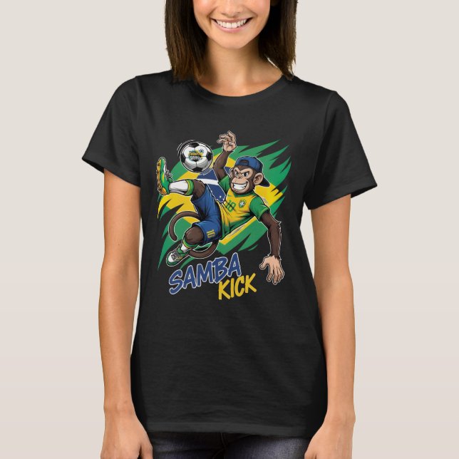 Samba Kick - Monkey Soccer Brazil Flagga T Shirt (Framsida)