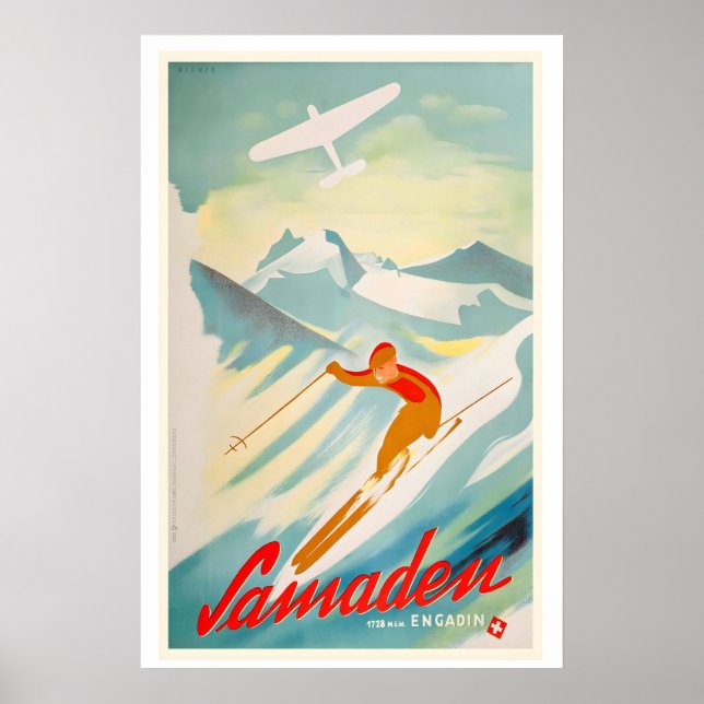 Samedan Engadin Schweiz Vintage Skiposter Poster (Framsidan)