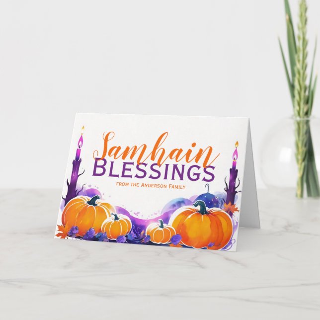 Samhain Blessings Pumpkins & Candles Halloween Helgkort (Framsida)