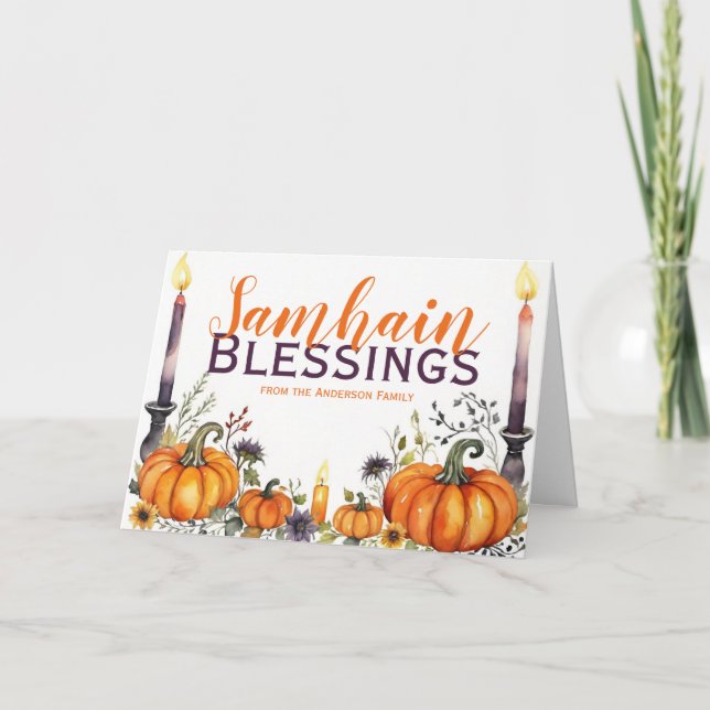 Samhain Blessings Pumpkins & Candles Halloween Helgkort (Framsida)