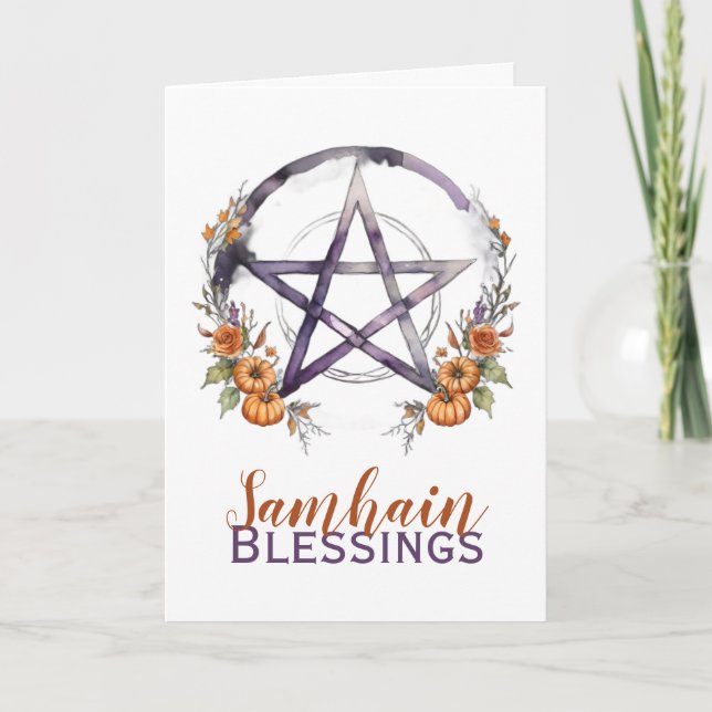 Samhain Blessings Pumpkins & Pentacle Halloween Helgkort (Framsida)