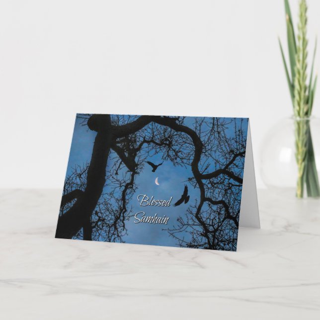 Samhain Blessings, Raven, Crescent Måne och Oak Kort (Framsida)