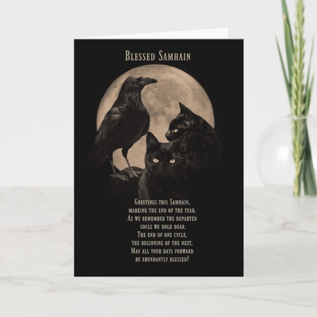 Samhain Blessings Raven och Black Cat Kort (Framsida)