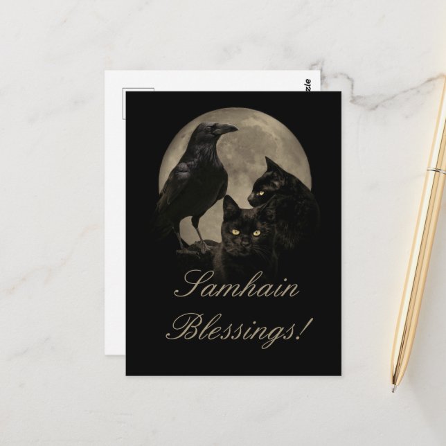 Samhain Korp och Svart Katt Pagan  Vykort (Fram/Back In Situ)