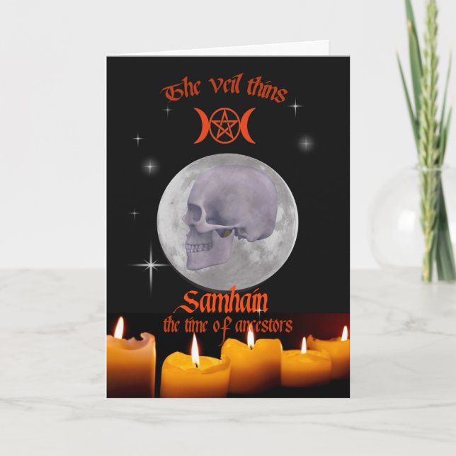 Samhain-kort med dödskalle och måne kort (Framsida)
